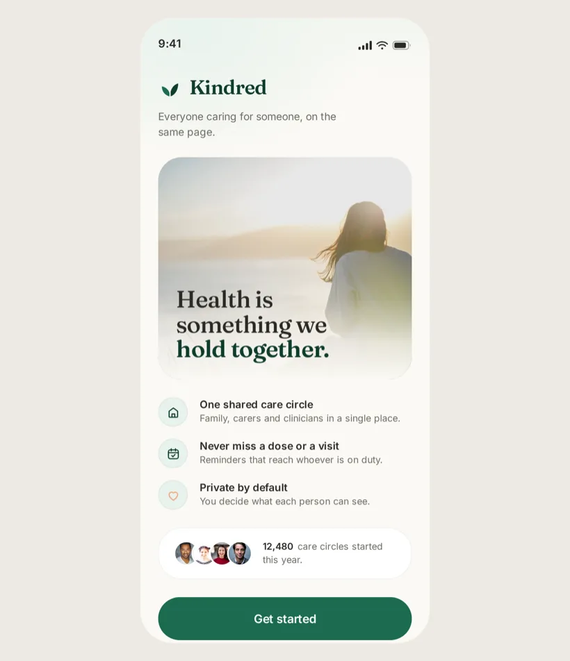 Kindred welcome screen, a care app